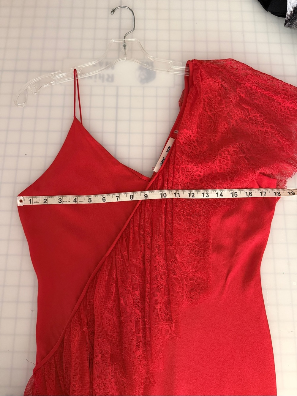Diane Von Furstenberg Red One-Shoulder Lace-Trim Silk Mini Dress - Picture 7 of 11